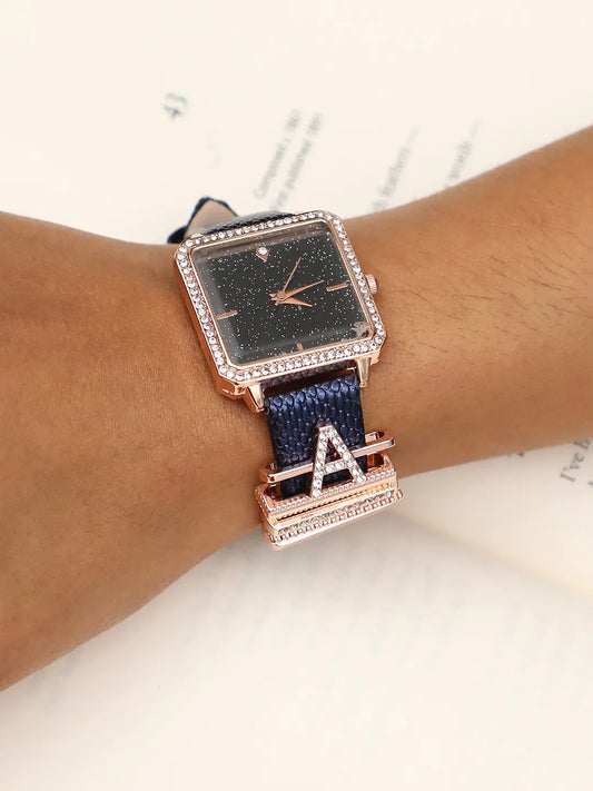 Square Analog Watch With A Initial Watch Charm - Black