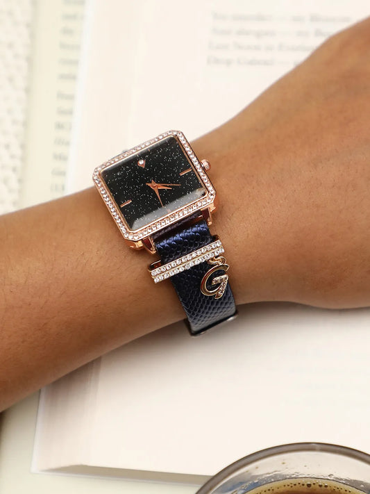 Square Analog Watch With G Liberty Initial Watch Charm - Black