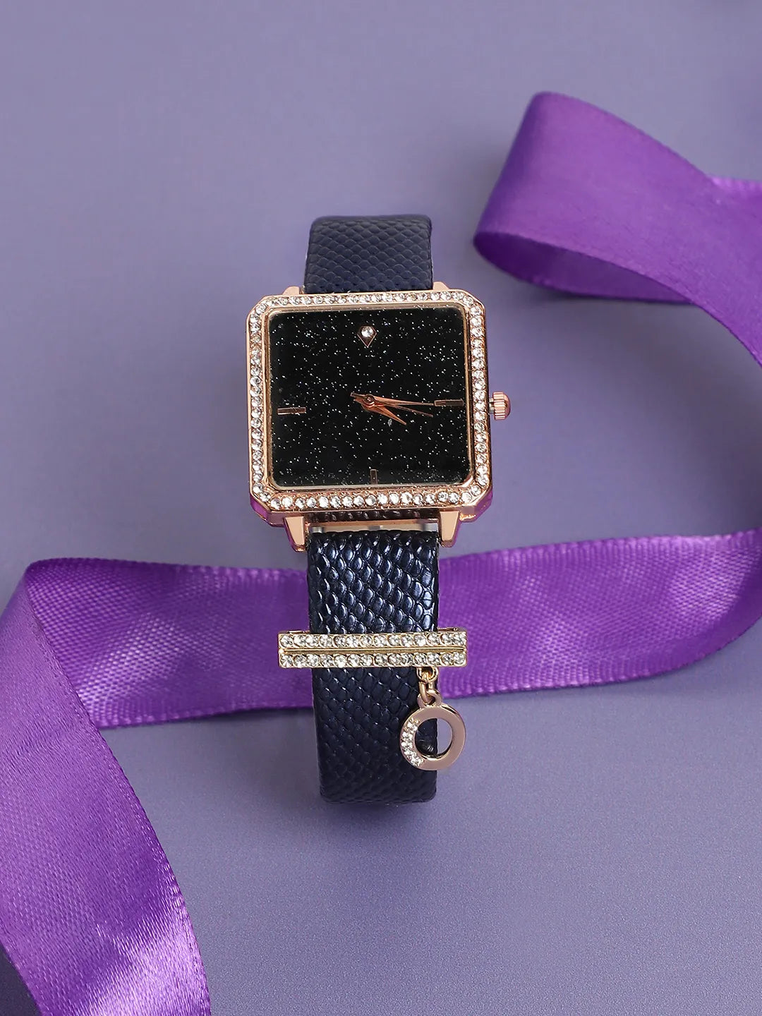 Square Analog Watch With O Liberty Initial Watch Charm - Black