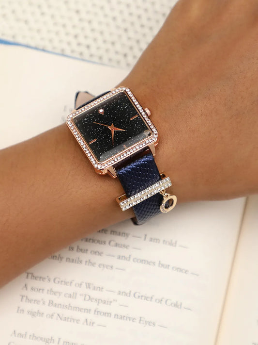 Square Analog Watch With O Liberty Initial Watch Charm - Black