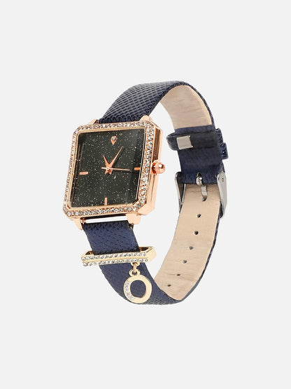 Square Analog Watch With O Liberty Initial Watch Charm - Black