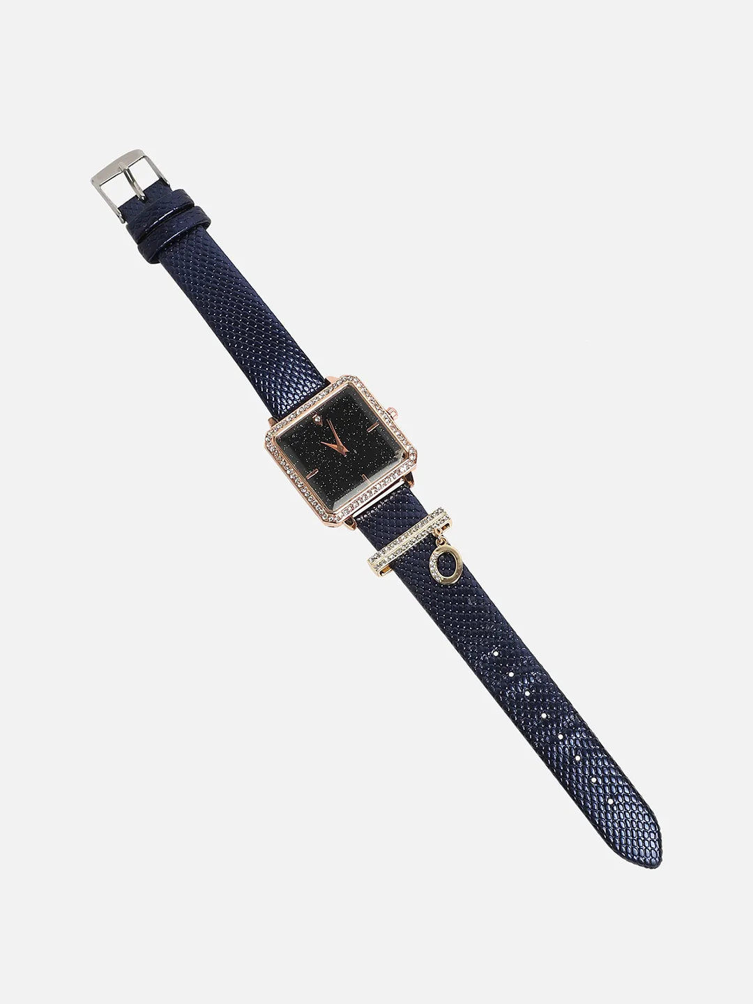 Square Analog Watch With O Liberty Initial Watch Charm - Black