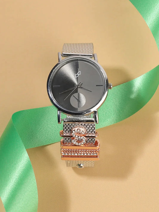 Round Analog Watch With S Initial Watch Charm - Silver