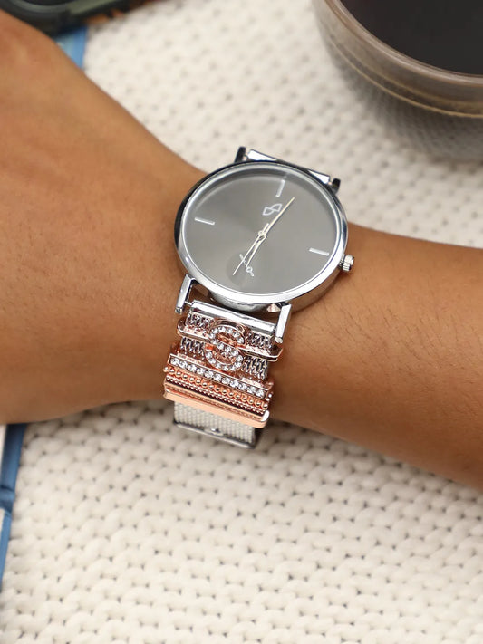 Round Analog Watch With S Initial Watch Charm - Silver