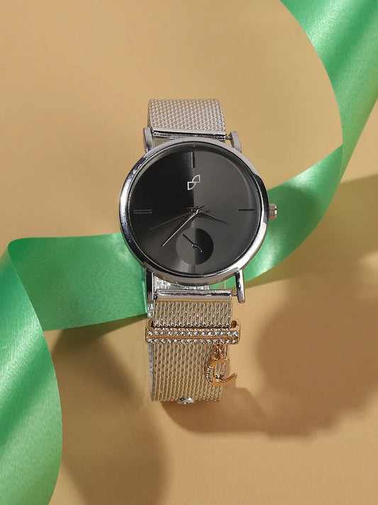 Round Analog Watch With C Liberty Initial Watch Charm - Silver