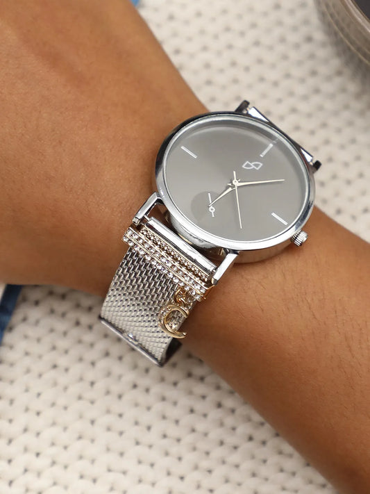 Round Analog Watch With C Liberty Initial Watch Charm - Silver