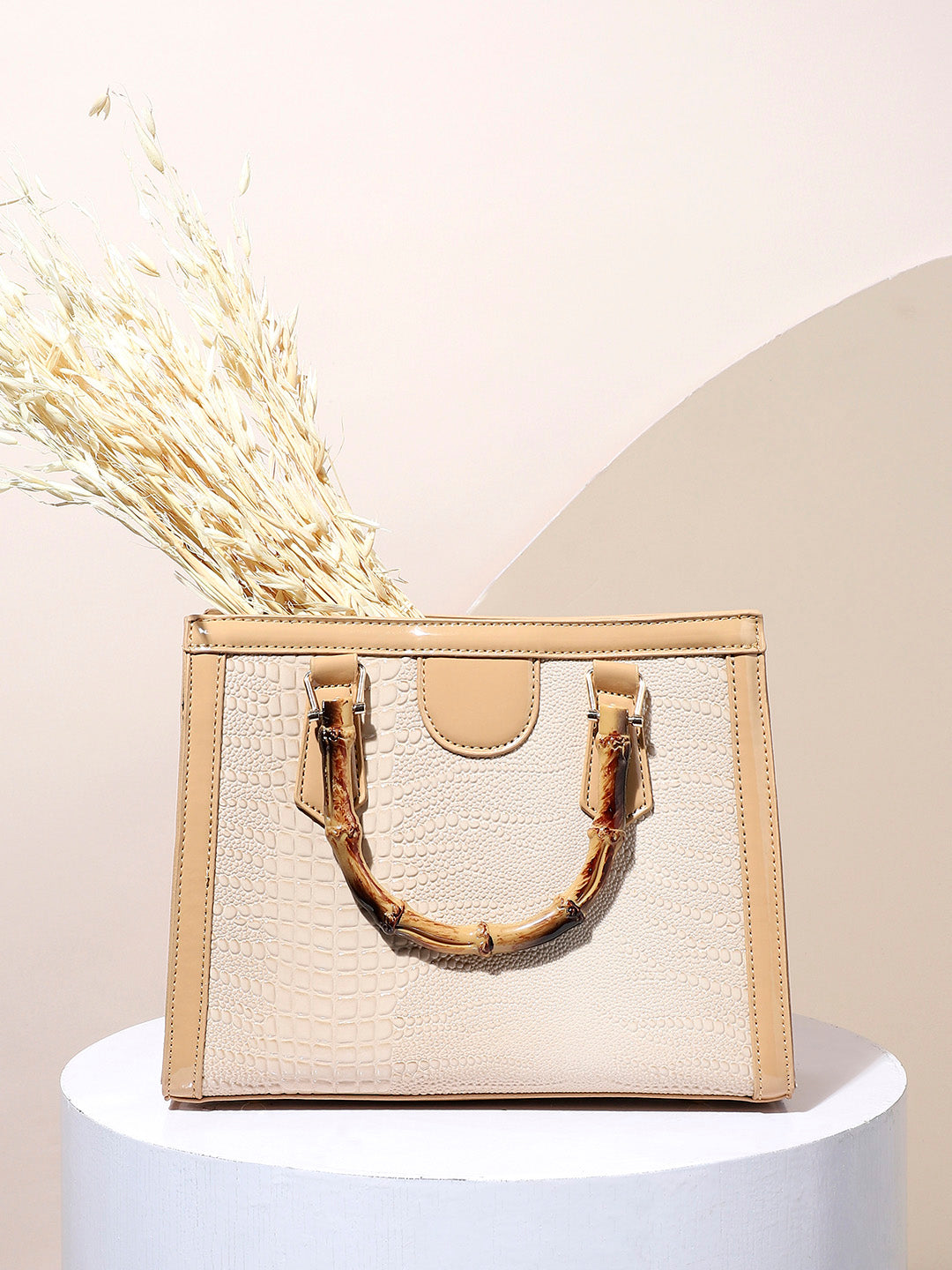 Bamboo Structured Handbag - Beige