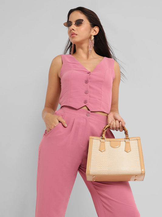 Bamboo Structured Handbag - Beige