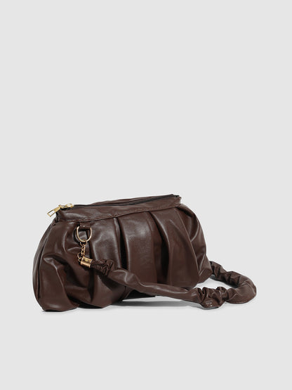 Ruched Pouch Handbag - Brown