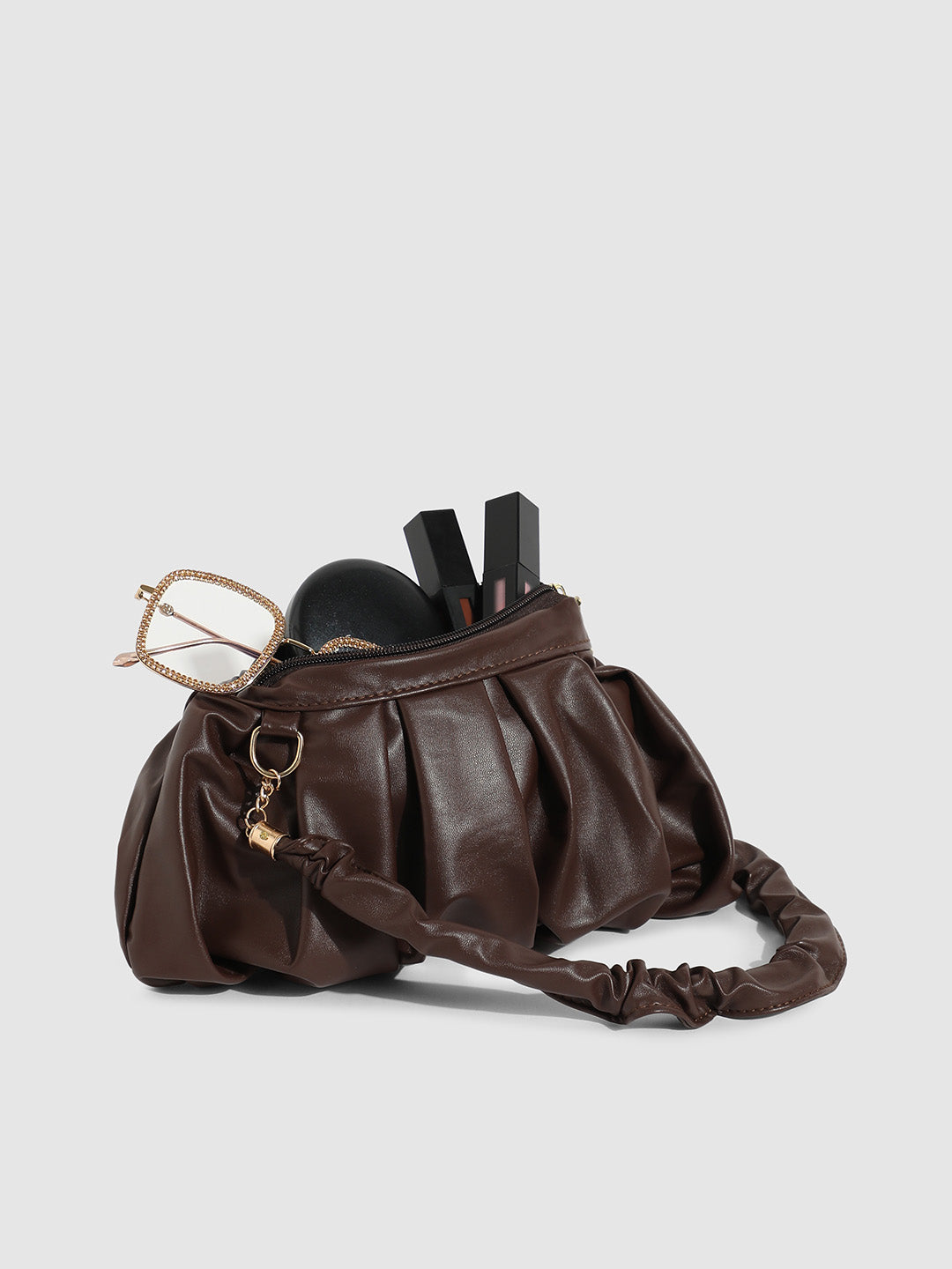 Ruched Pouch Handbag - Brown