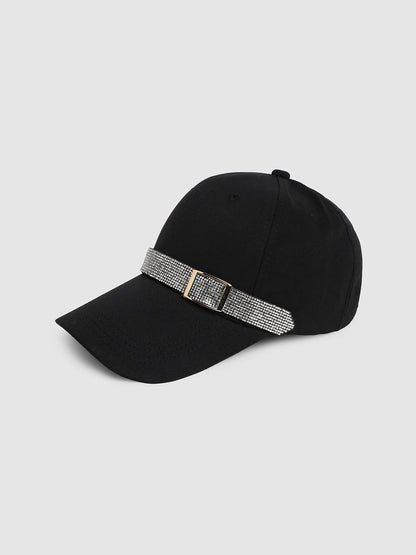 Rhinestone Buckle Baseball Cap - Black