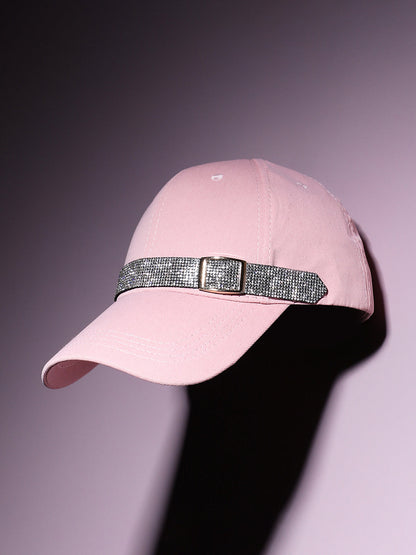 Rhinestone Buckle Baseball Cap - Baby Pink