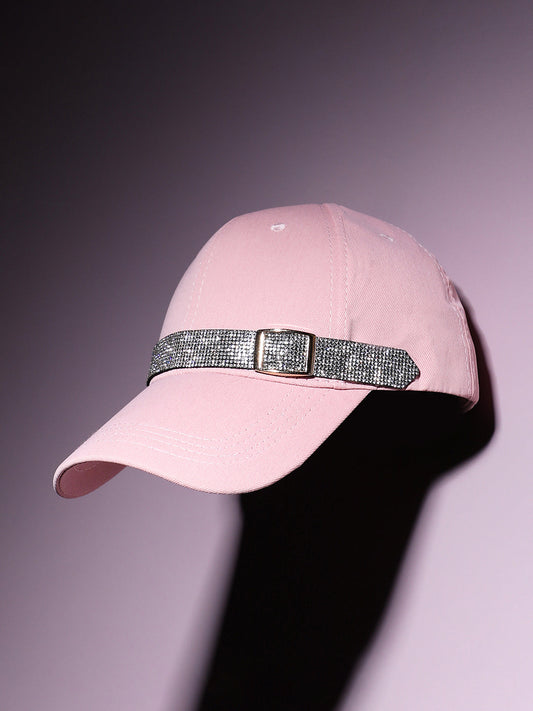Rhinestone Buckle Baseball Cap - Baby Pink