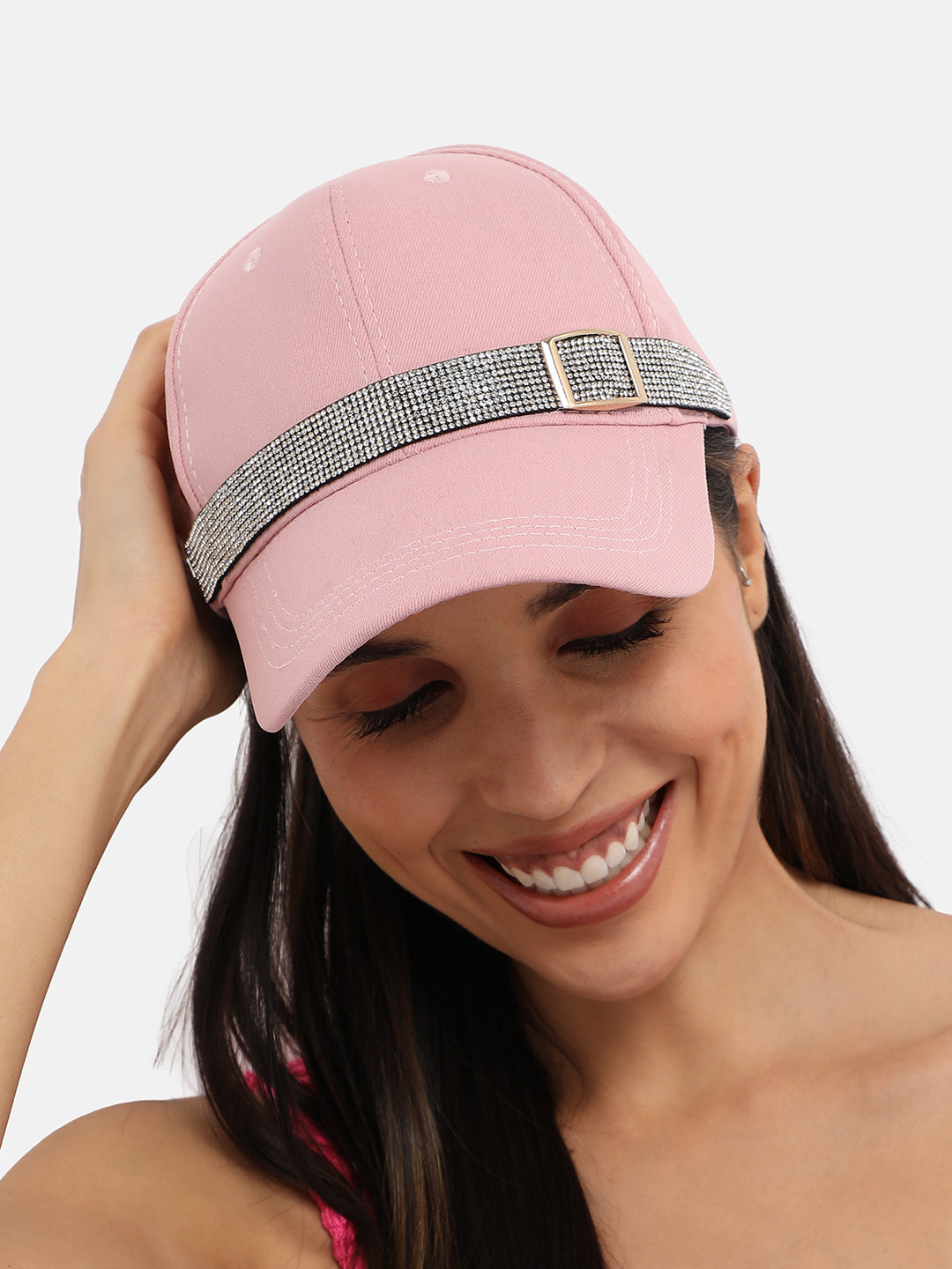 Rhinestone Buckle Baseball Cap - Baby Pink