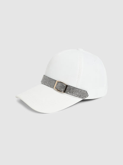 Rhinestone Buckle Baseball Cap - White