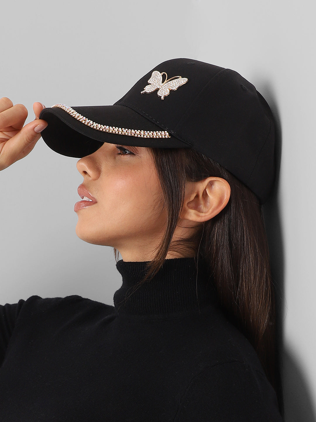 Rhinestone Butterfly Baseball Cap - Black