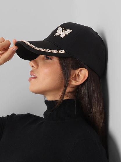 Rhinestone Butterfly Baseball Cap - Black