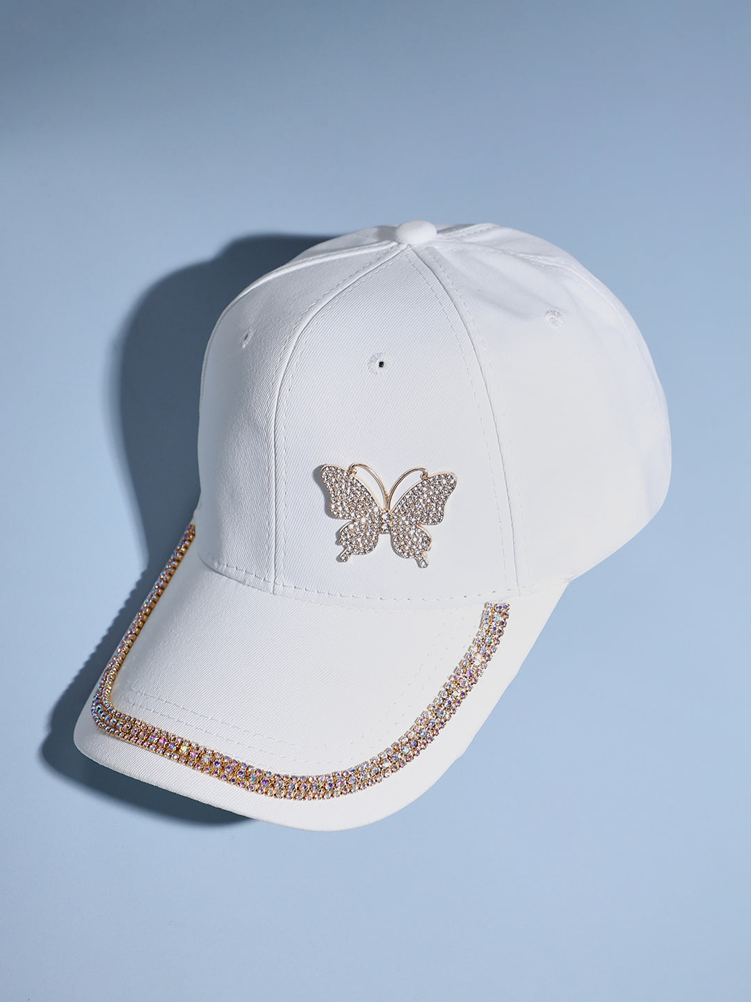 Rhinestone Butterfly Baseball Cap - White