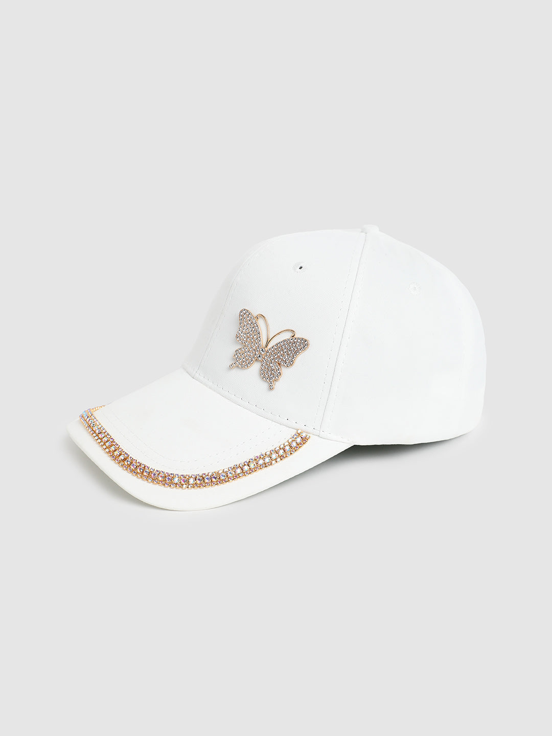 Rhinestone Butterfly Baseball Cap - White