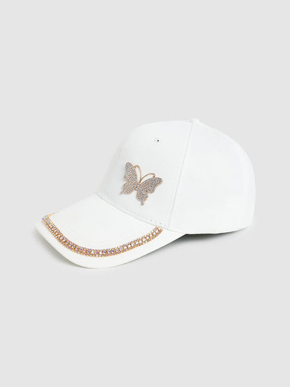 Rhinestone Butterfly Baseball Cap - White