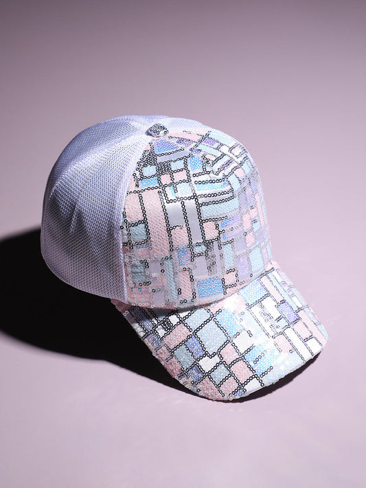 Sequin Block Baseball Cap - White