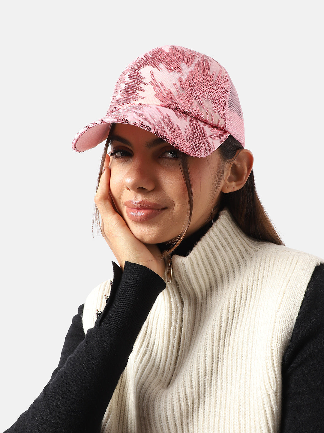 Abstract Sequin Baseball Cap - Baby Pink