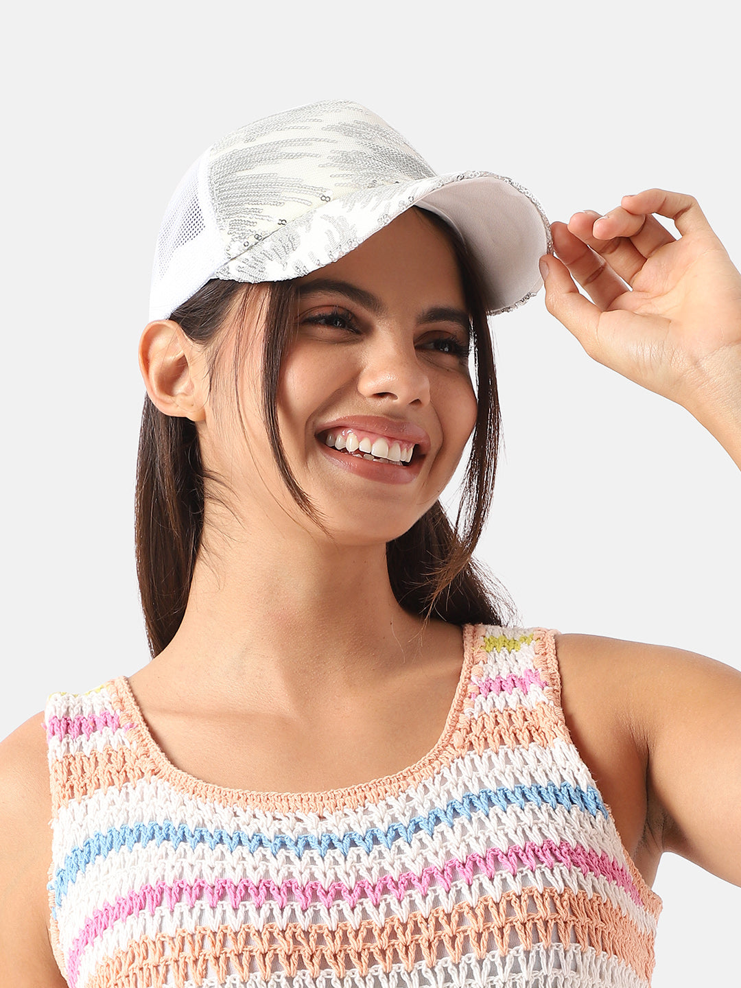 Abstract Sequin Baseball Cap - White