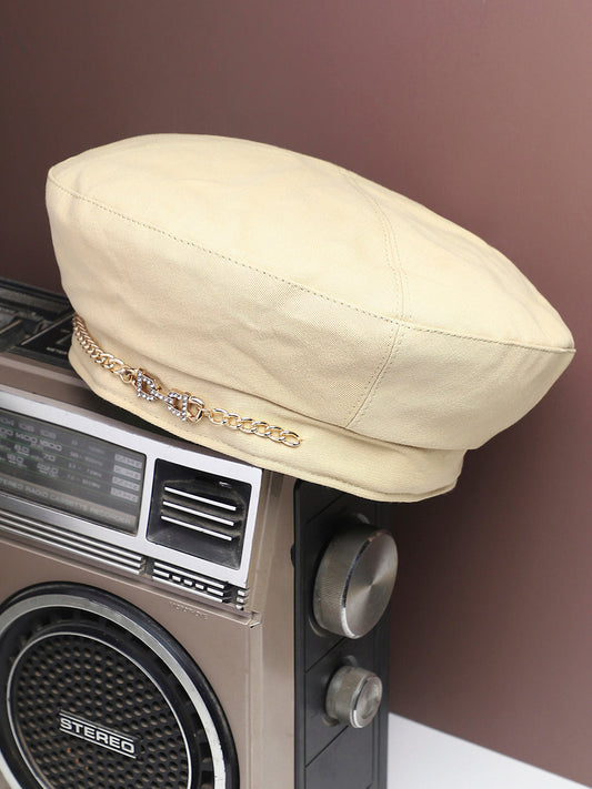 Rhinestone Chain Beret Hat - Cream