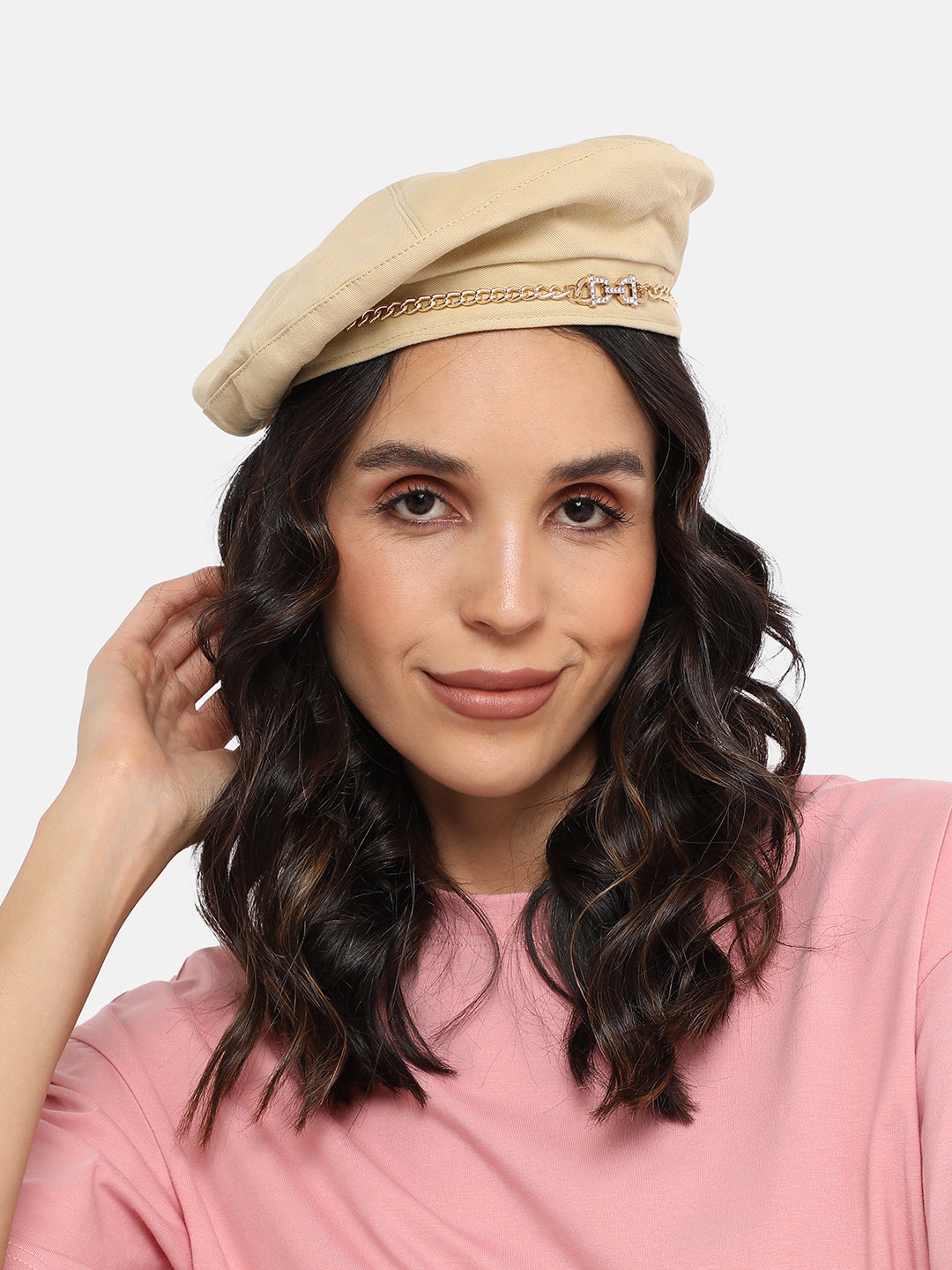 Rhinestone Chain Beret Hat - Cream