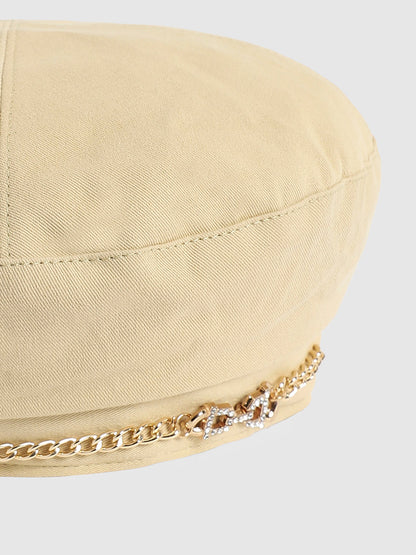 Rhinestone Chain Beret Hat - Cream