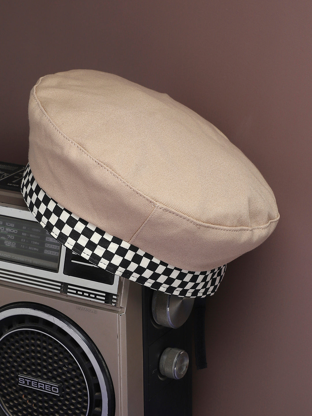 Checkered Lined Beret Hat - Beige