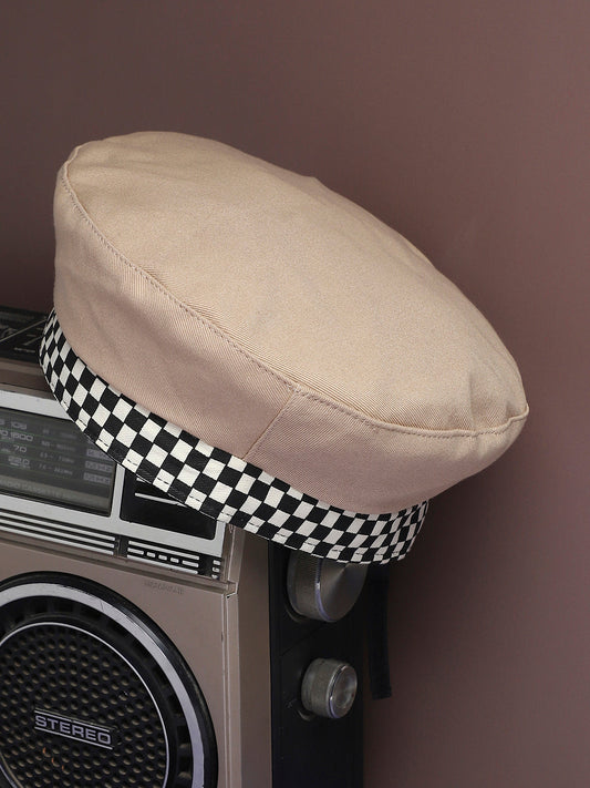 Checkered Lined Beret Hat - Beige