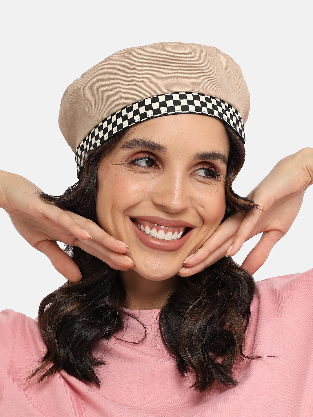 Checkered Lined Beret Hat - Beige