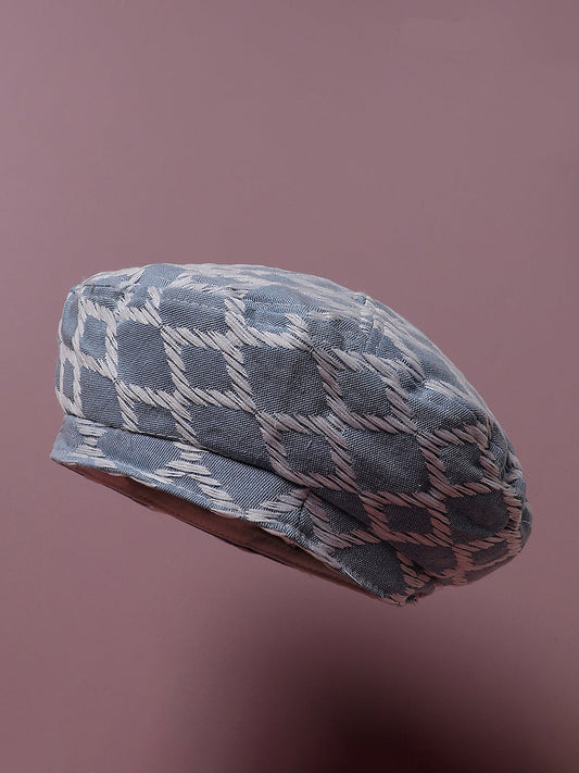 Rhombus Weave Beret Hat - Light Blue & White