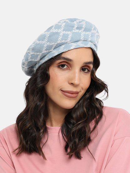Rhombus Weave Beret Hat - Light Blue & White