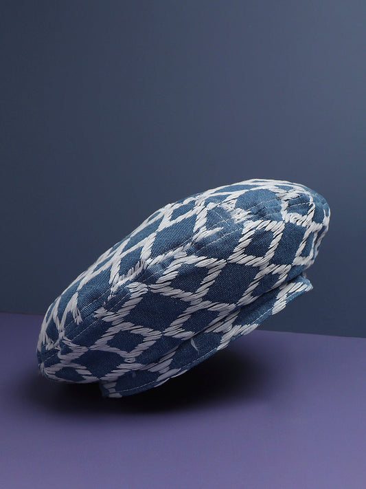Rhombus Weave Beret Hat - Blue & White