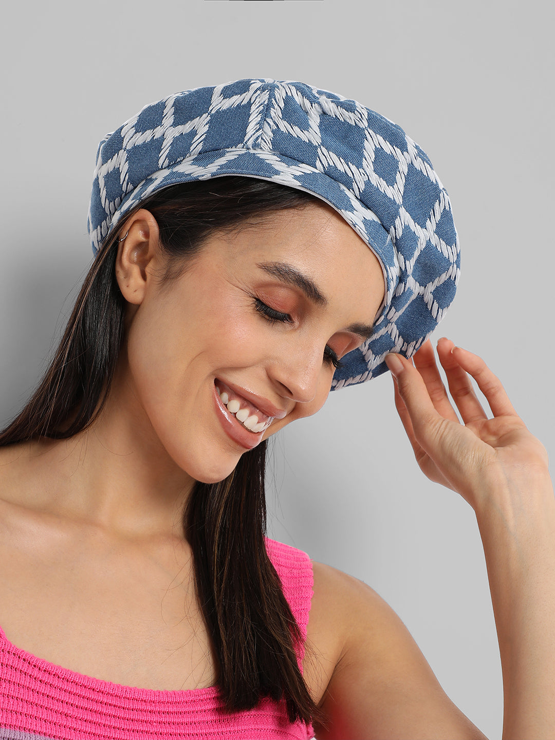 Rhombus Weave Beret Hat - Blue & White