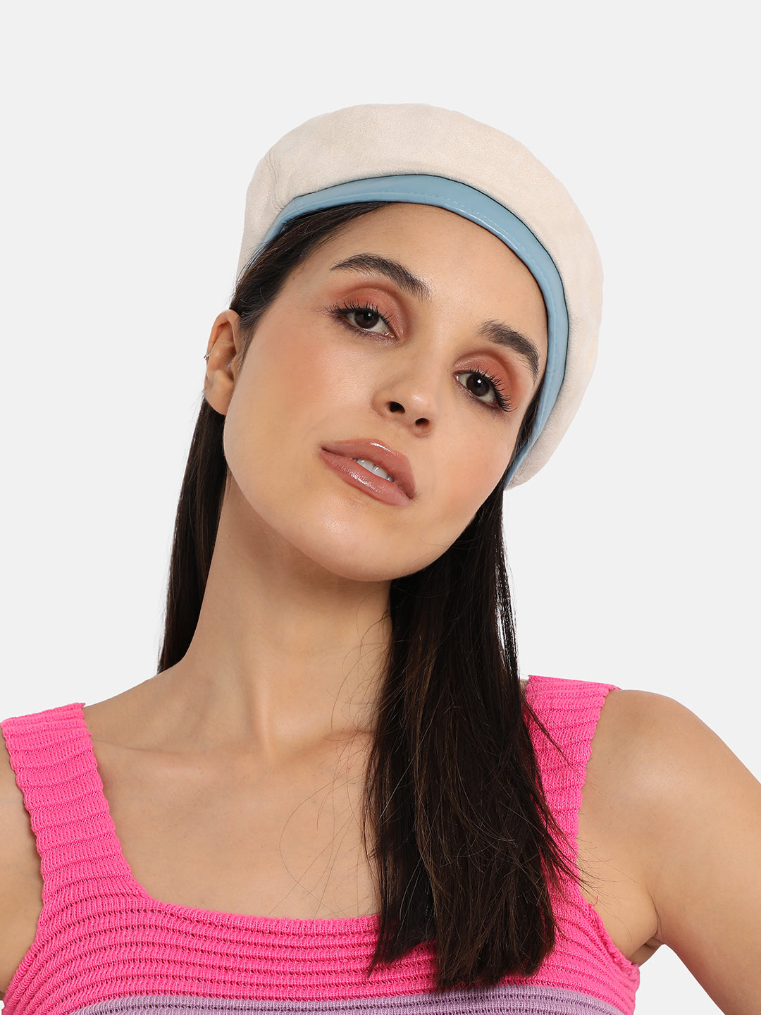 Contrast Texture Beret Hat - White & Blue