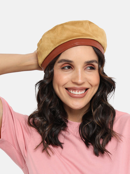 Contrast Texture Beret Hat - Beige & Brown