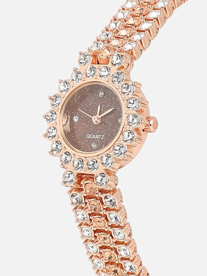 Embellished Round Watch - Rose Gold