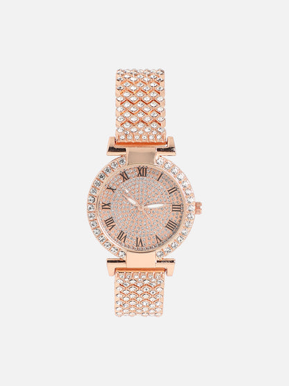 Embellished Round Watch - Rose Gold