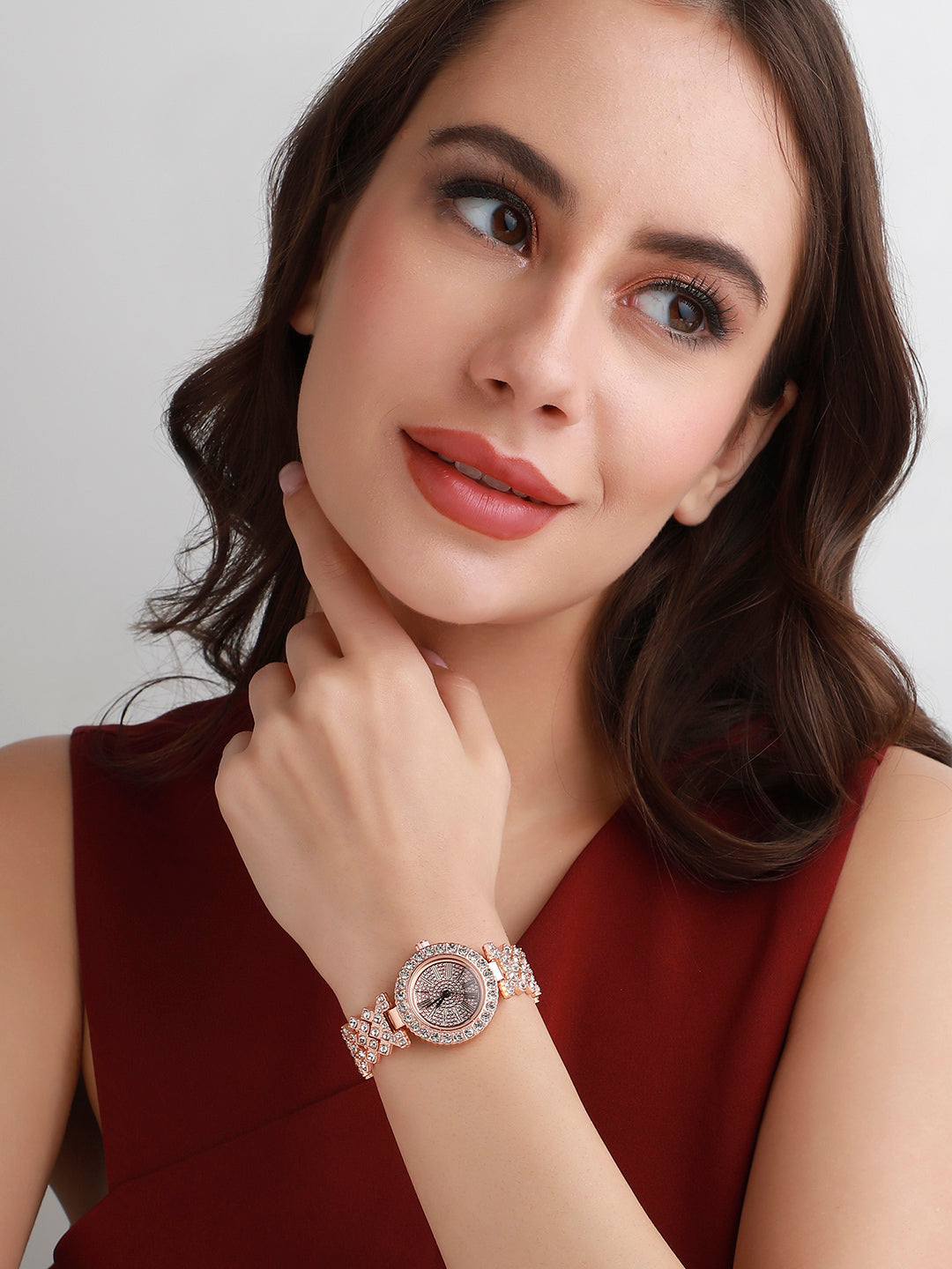 Embellished Round Watch - Rose Gold