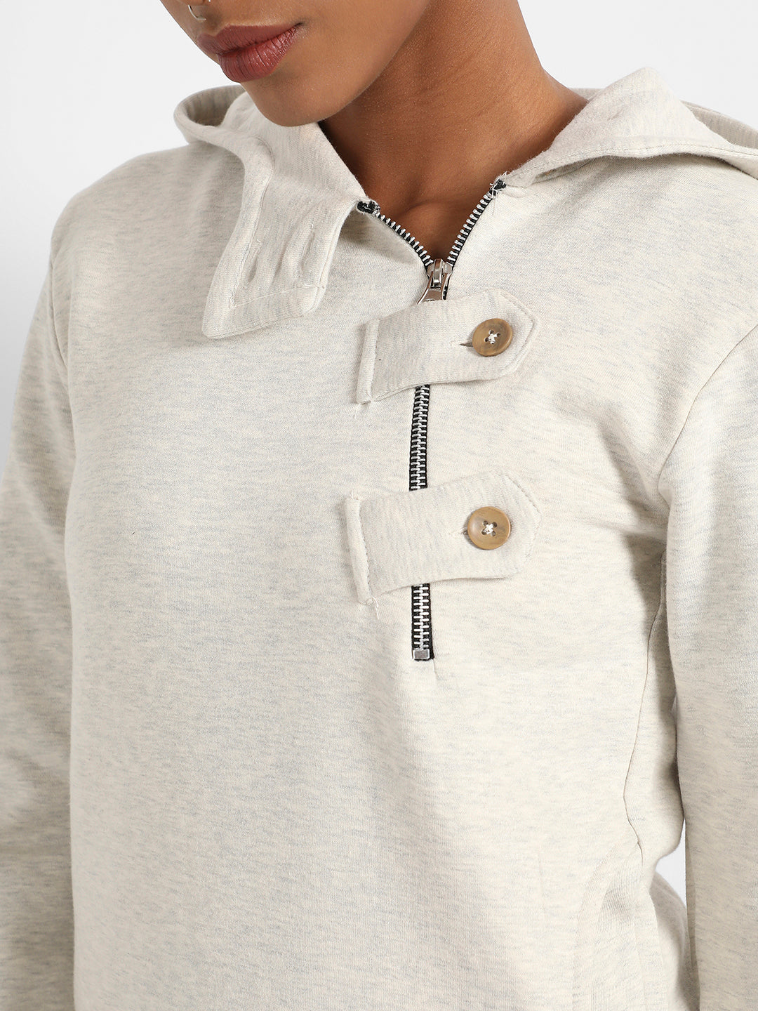 Light Grey Hooded Jacket With Asymetrical Closure