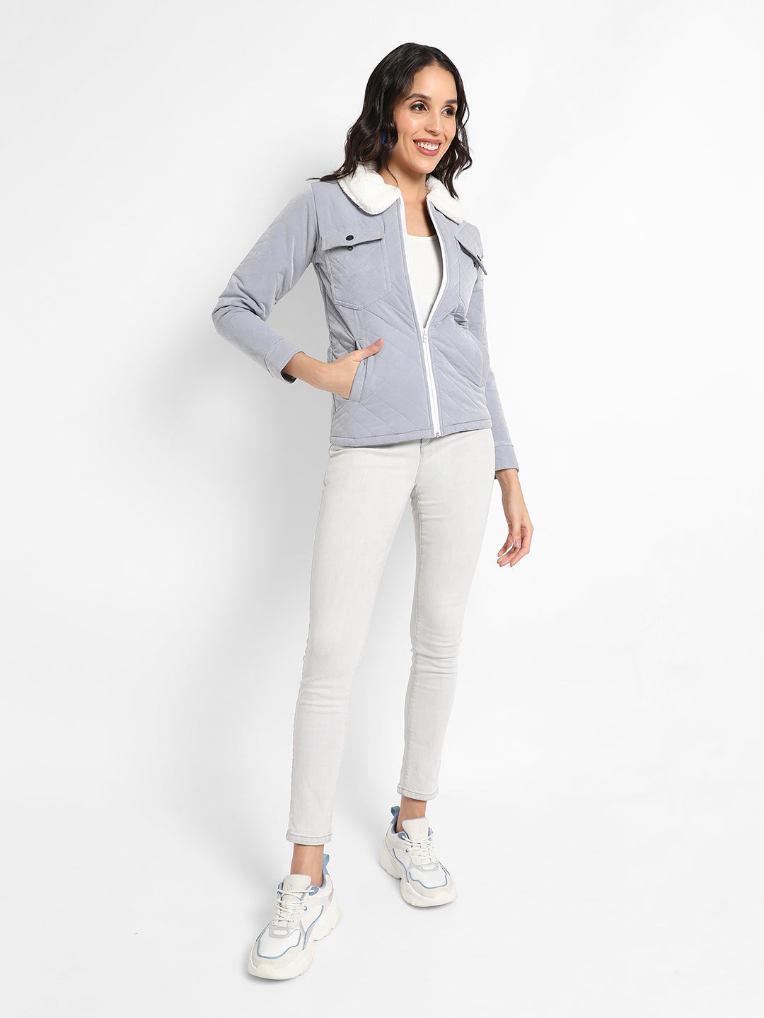 Quilted Flap Pocket Jacket With Fur Details