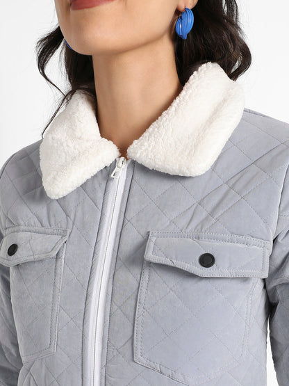 Light Grey Quilted Flap Pocket Jacket With Fur Details