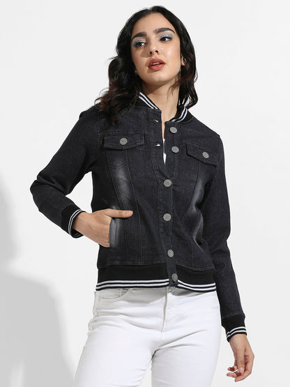 Denim Jacket With Contrast Striped Hem