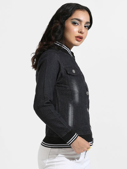 Denim Jacket With Contrast Striped Hem