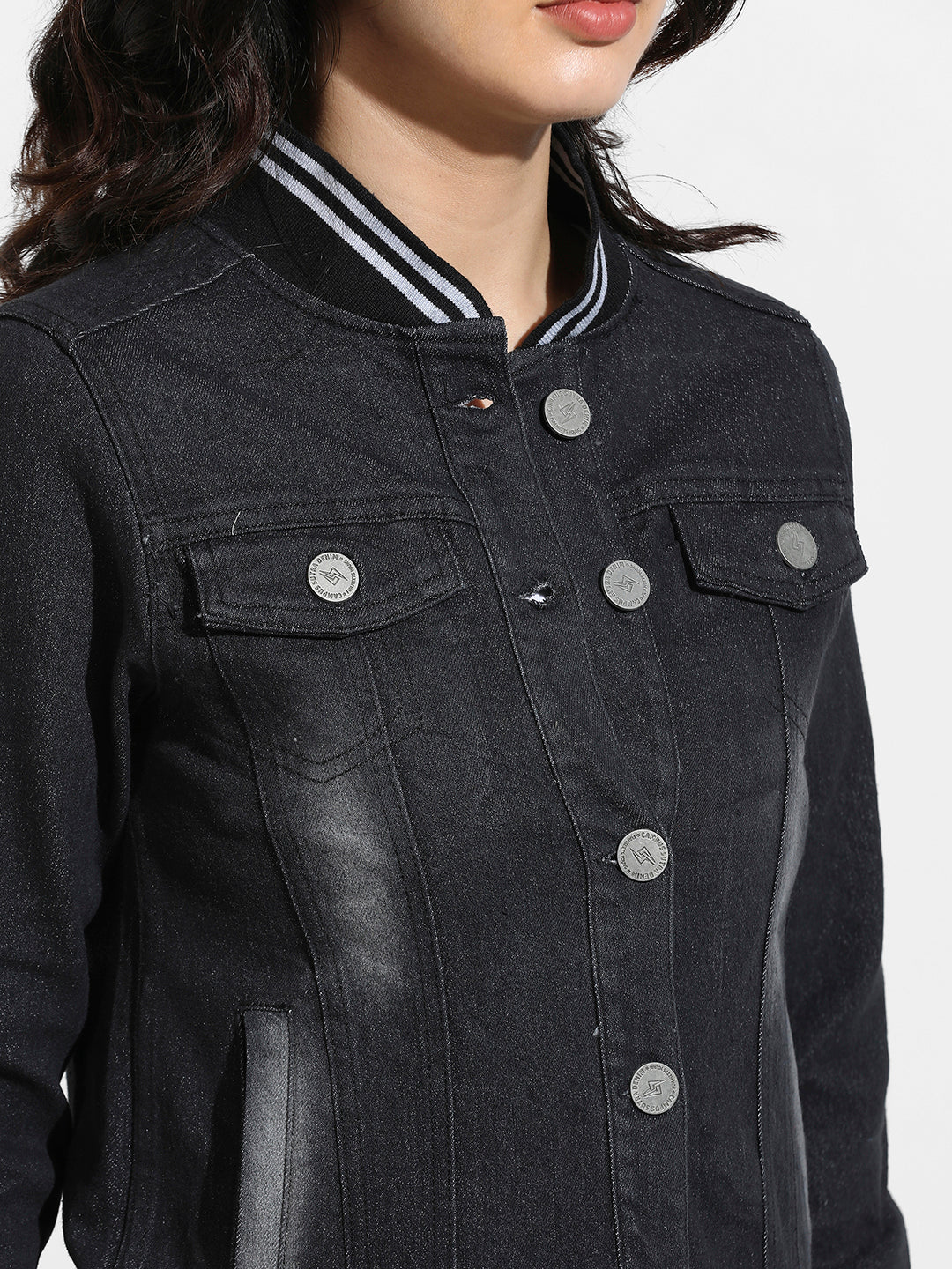 Black Denim Jacket With Contrast Striped Hem
