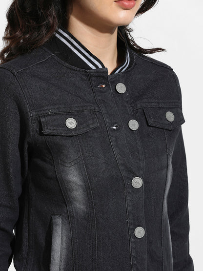 Black Denim Jacket With Contrast Striped Hem