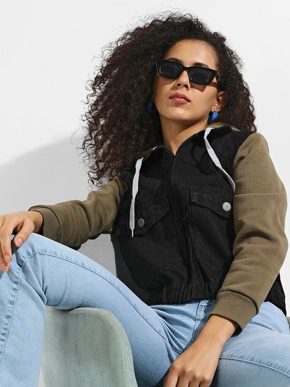 Denim Jacket With Sweatshirt Sleeve